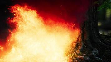 vent soufflant sur des arbres enflammés lors d'un incendie de forêt video