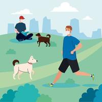Social distancing between men with masks and dogs running and reading at park vector design