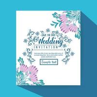 Wedding invitation with purple flowers and leaves vector design