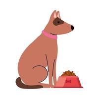 Lindo perro mascota con comida en plato, sobre fondo blanco. vector