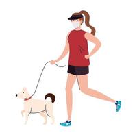 woman with mask and sportswear running with dog vector design