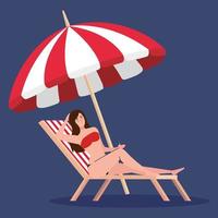 mujer con traje de baño en silla de playa y sombrilla, temporada de vacaciones de verano vector