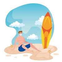 man in shorts wearing medical mask, with surfboard, tourism with coronavirus, prevention covid 19 in summer vacation vector