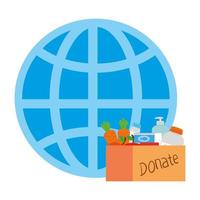 esfera global con objetos de donación dentro del diseño de vector de caja