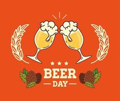 international beer day, august, beers and hop seeds vector