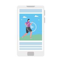 tutorial deportivo en línea, mujer con mascarilla médica, en smartphone practicando deporte vector