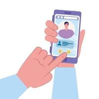 Hand holding smartphone with man and chatting bubble vector design