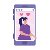 mujer en teléfono inteligente con gusto y disgusto diseño de vector de corazón