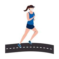 Mujer con máscara y ropa deportiva corriendo en la calle diseño vectorial vector