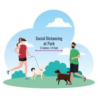 Social distancing between man and woman with masks running with dogs at park vector design