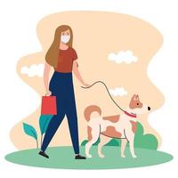 woman wearing medical mask, walking with pet dog on the leash in outdoor vector