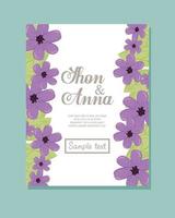 Wedding invitation with purple flowers and leaves vector design