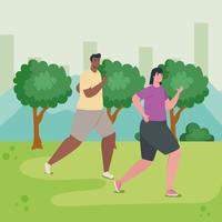pareja corriendo al aire libre, mujer y hombre en ropa deportiva trotando en el parque vector