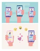 hands holding smartphones with women and men chatting vector design