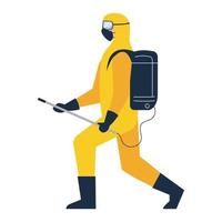 person in protective suit or clothing yellow color, spray to cleaning and disinfect virus, covid 19 disease on white background vector