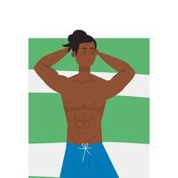 vista aérea, hombre afro en pantalones cortos acostado, bronceado en una toalla, temporada de vacaciones de verano vector