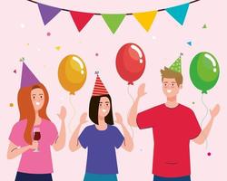 Man and women cartoons with party hats and balloons vector design