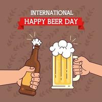international beer day, august, with hands holding bottle and mug glass of beer vector