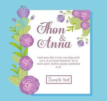 Wedding invitation with purple flowers and leaves vector design