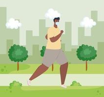 hombre afro corriendo con máscara médica al aire libre, prevención coronavirus covid 19 vector