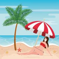 mujer con traje de baño sentada en la playa, temporada de vacaciones vector