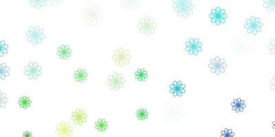 Fondo de doodle de vector azul claro, verde con flores.