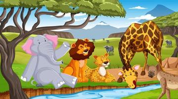 Wild animals in savanna forest landscape vector