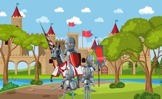 Medieval warriors in middle ages nature scene vector