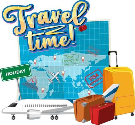 Travel Time typography logo with traveling objects