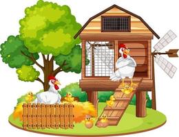 An isolated scene with a group of chickens in cartoon style vector