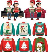 Christmas set with couple and sweater design vector