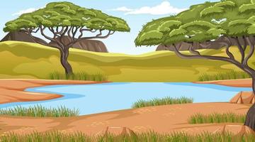 paisaje de bosque de sabana con lago vector