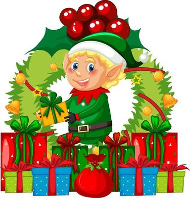 Cute elf Christmas wreath with many gift boxes