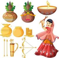 Indian set with woman and offering elements vector