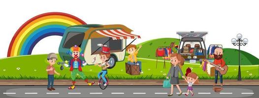 People shopping at the flea market scene vector