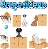 wordcard de preposición con perros y cajas vector