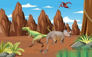 escena con dinosaurios en el campo vector