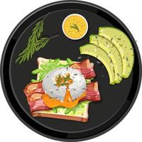 Top view food, egg benedict with black plate on white background vector