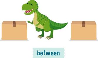 Preposition of place with cartoon dinosaur and boxes vector