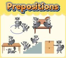 Prepostion wordcard design with different movements of raccoon vector