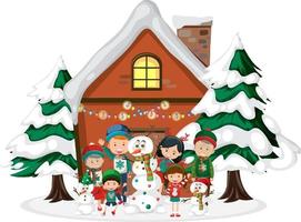 Happy family standing in front of winter house vector