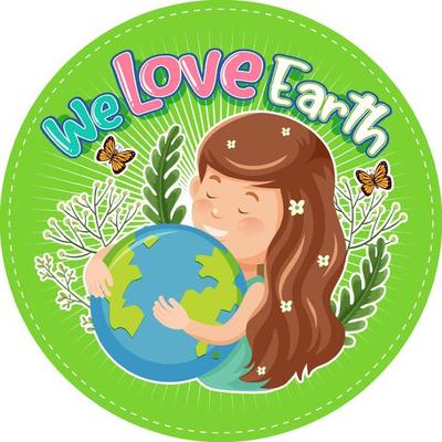 We Love Earth badge logo with a girl hugging earth globe