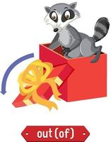 diseño de wordcard de preposición con mapache fuera de la caja vector