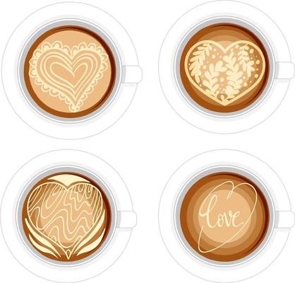 Top view of latte art cups isolated on white background