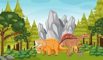 escena con dinosaurios en el bosque vector