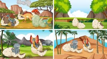 cuatro escenas con huevos de dinosaurio en el campo. vector