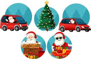 conjunto de tema navideño con santa, coche, árbol de navidad vector