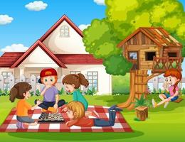 Children playing games outside the house vector
