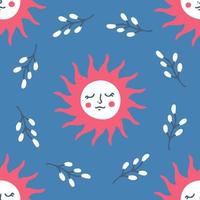 Hand drawn spring seamless pattern with sun and wreath of willow branches. vector