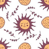 Hand drawn Shrovetide seamless pattern with pancakes, sun and leaves. Perfect for textile, menu, postcard and print. Doodle vector illustration for decor and design.